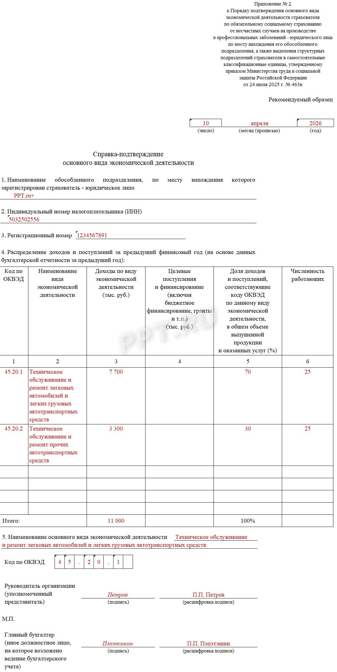 Образец заполнения подтверждения вида деятельности в 2026 году