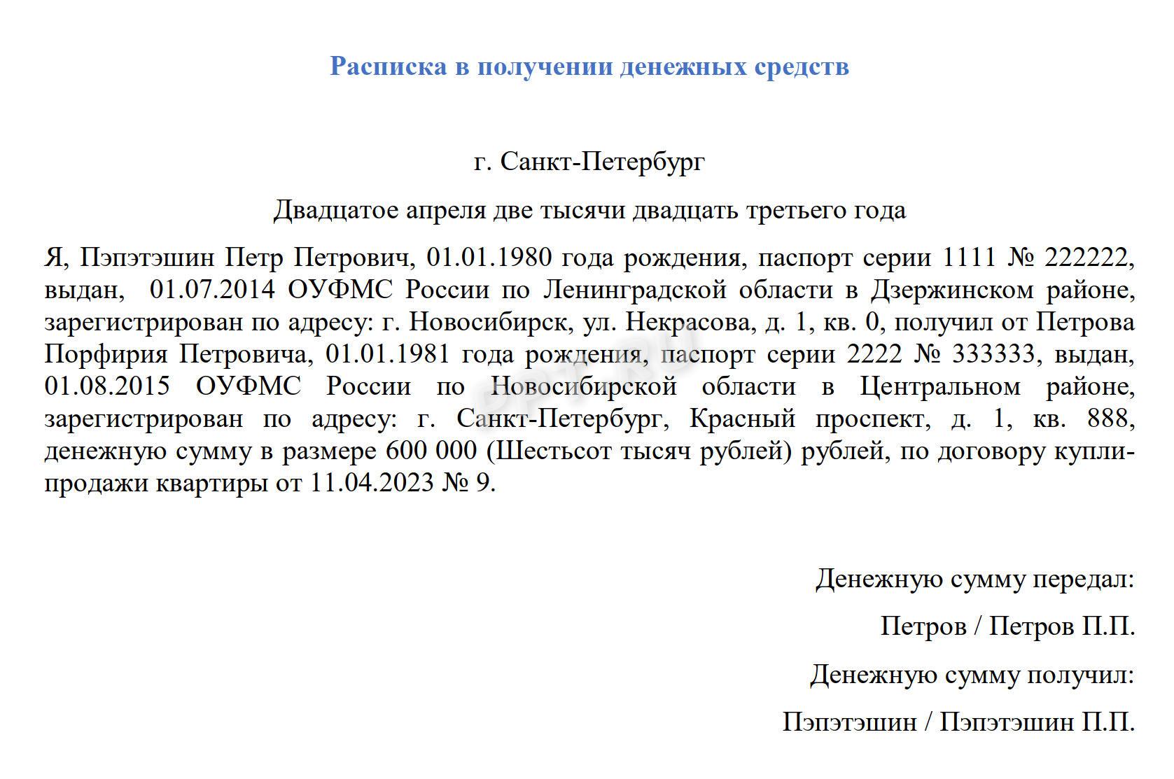 Образец расписки о получении предоплаты за квартиру