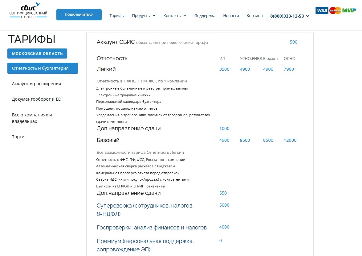 Тарифы на сдачу отчетности СБИС