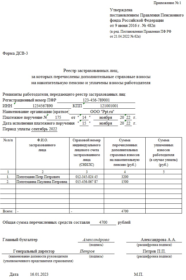 Пример заполнения реестра