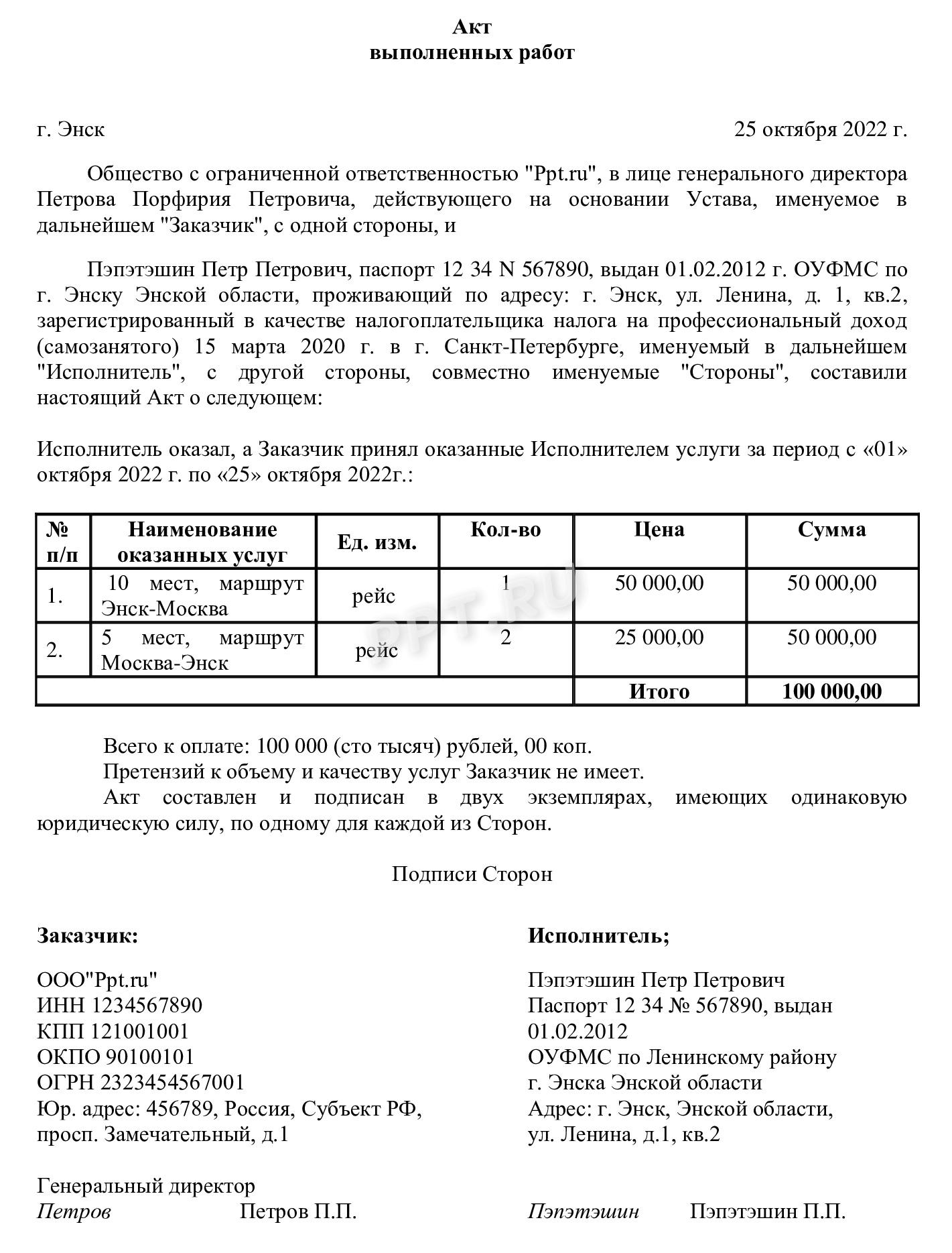 Образец акта выполненных работ по грузоперевозке для самозанятых 
