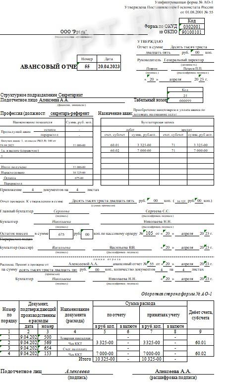 Образец авансового отчета по представительским расходам