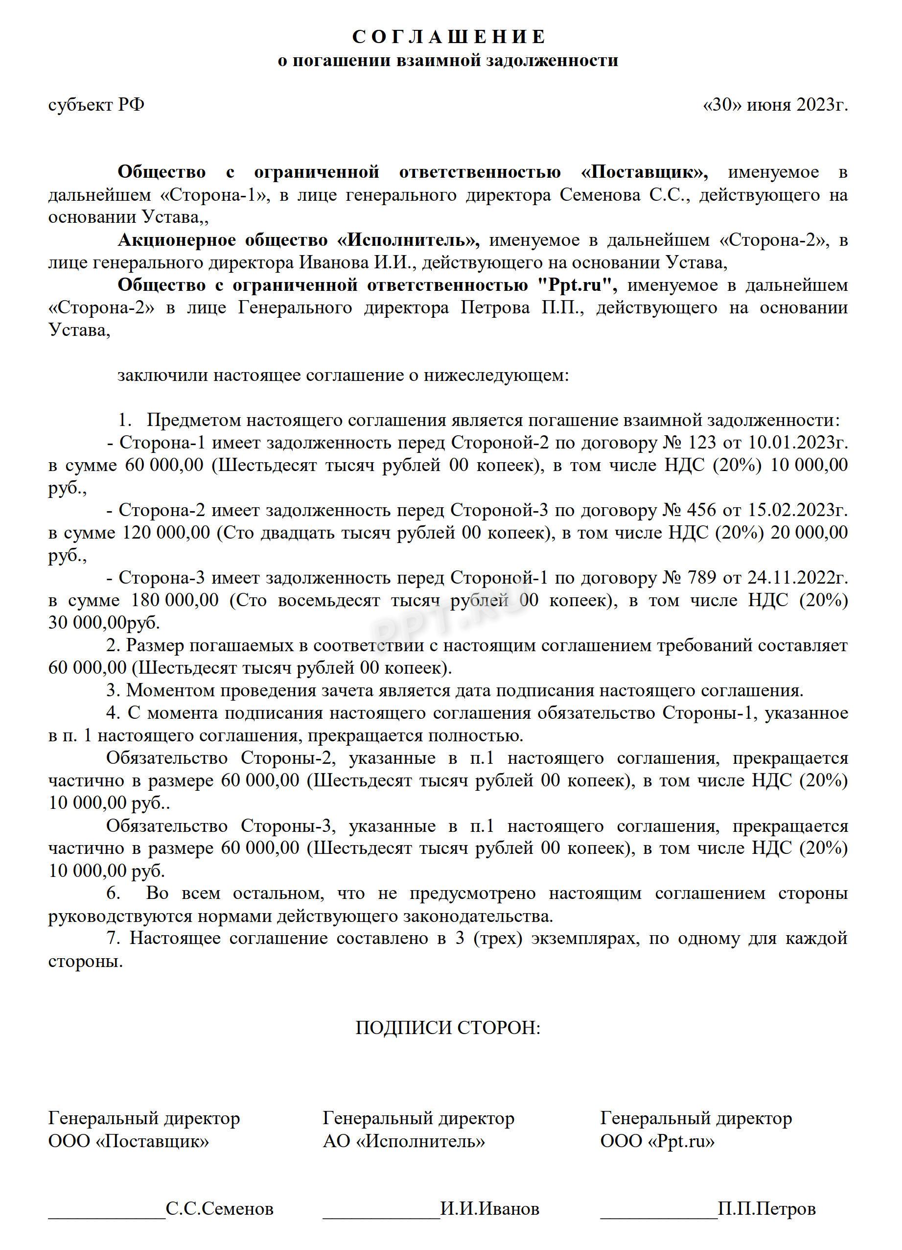 Пример многостороннего взаимозачета