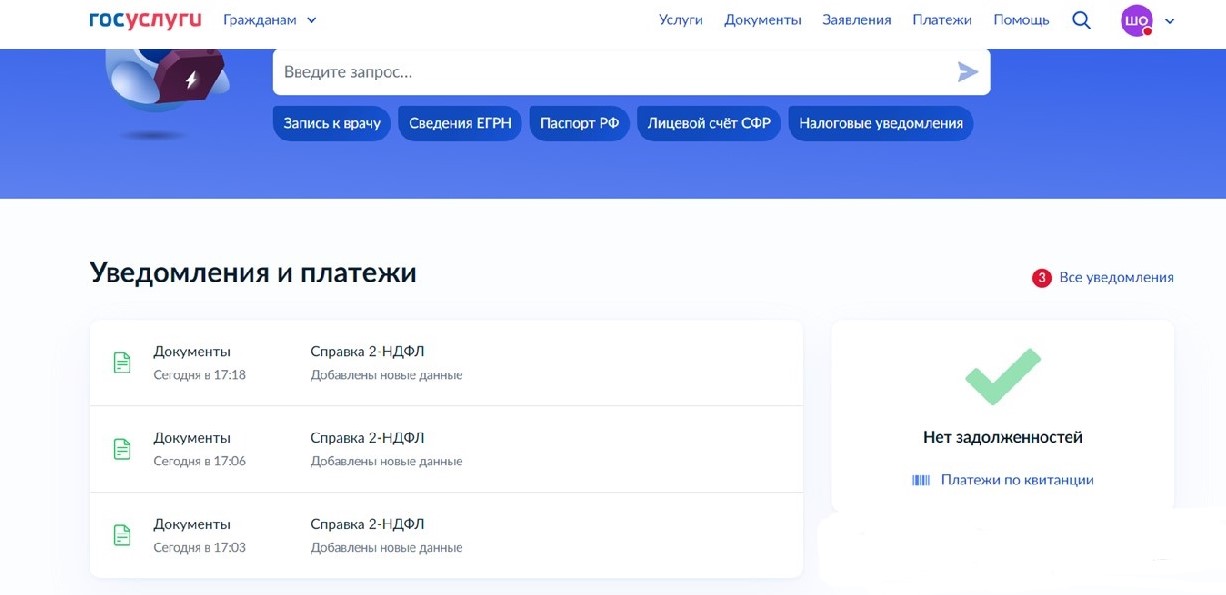Главная страница личного кабинета на портале Госуслуги