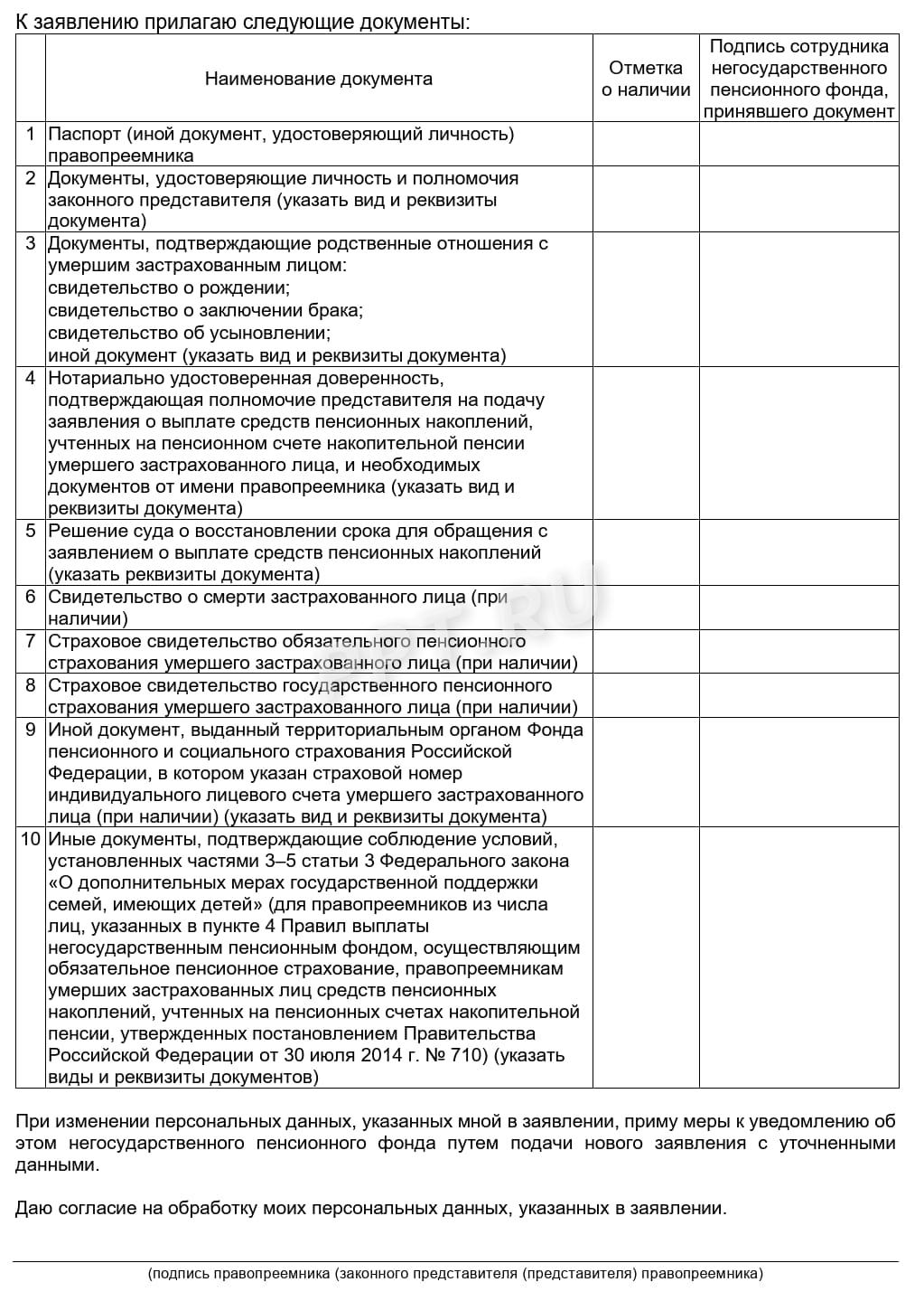 Шаблон для заполнения заявления правопреемника для выплаты пенсионных накоплений в НПФ