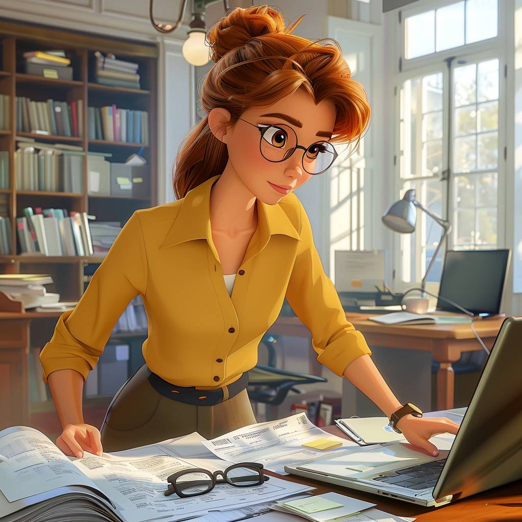 Красавица заполняет бухгалтерский отчет