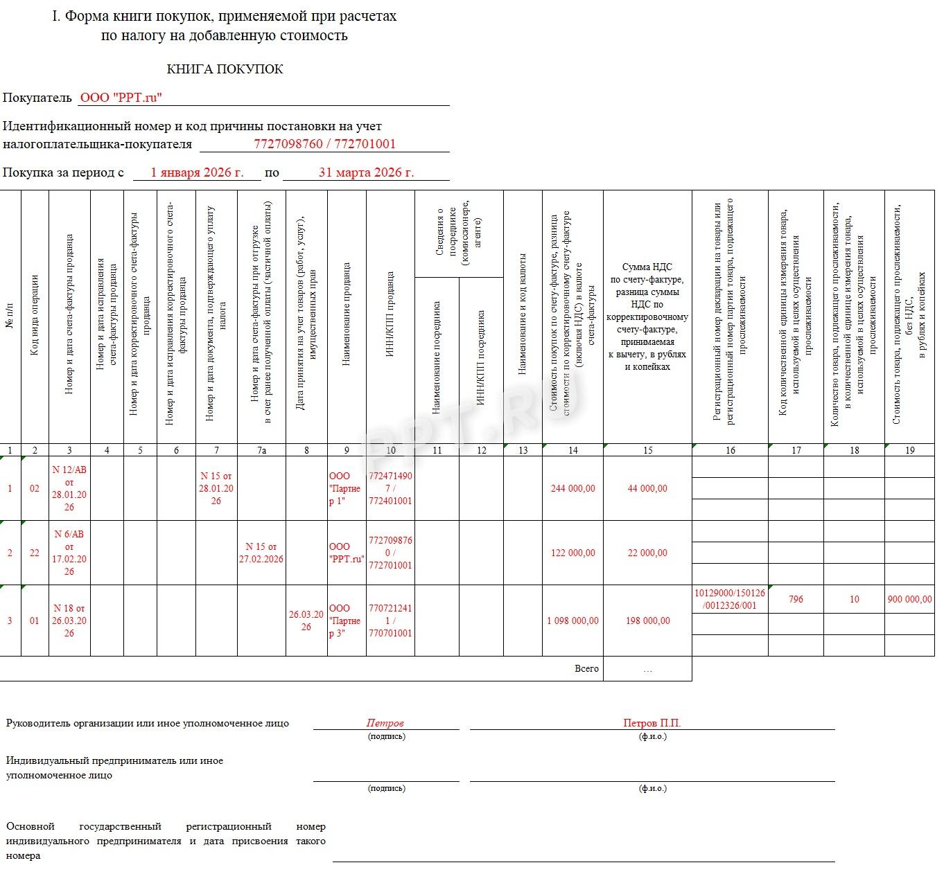 Образец заполненной книги покупок