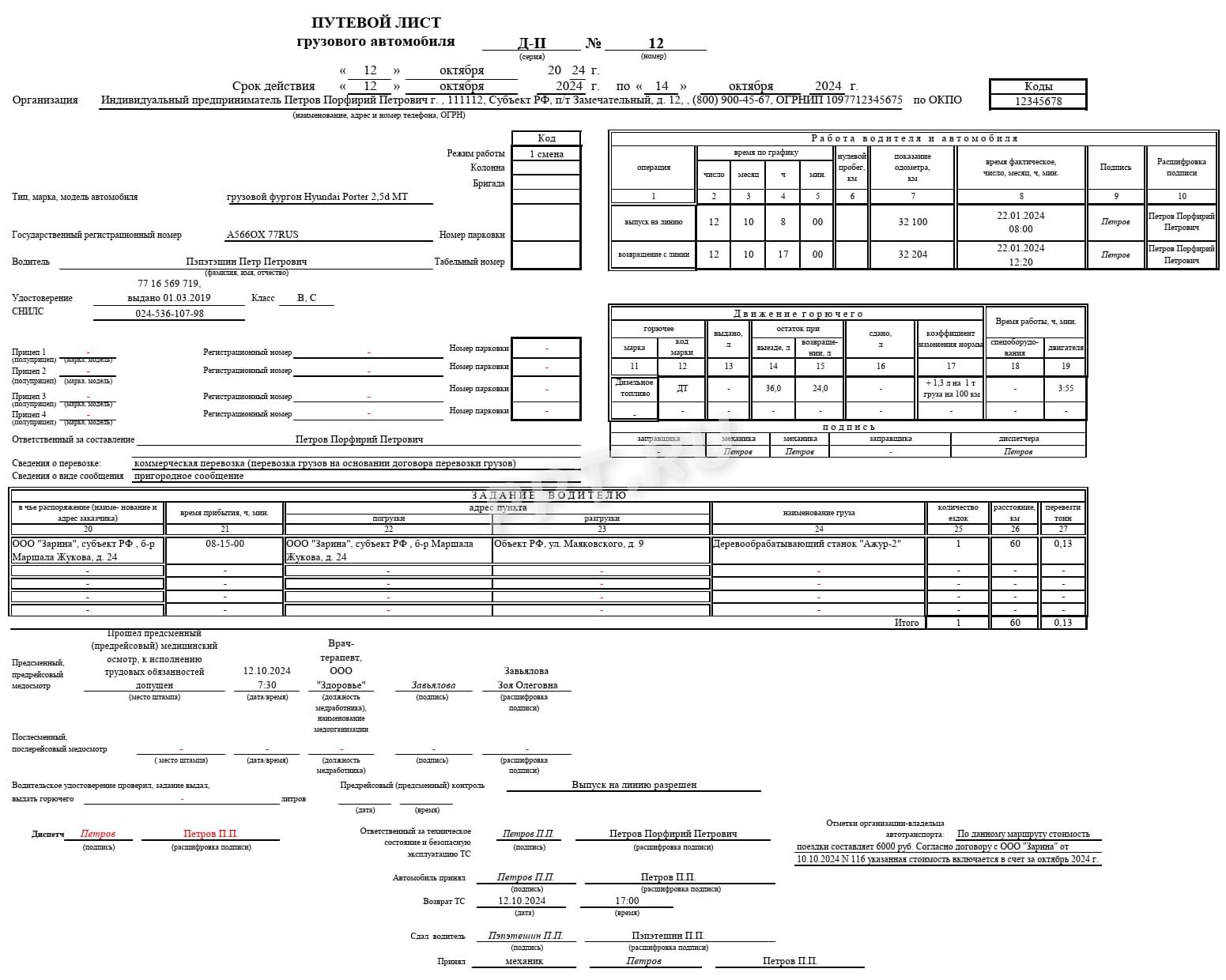 Путевой лист грузового автомобиля ИП