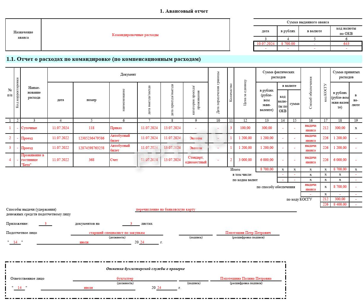Отчет о расходах (раздел 1)