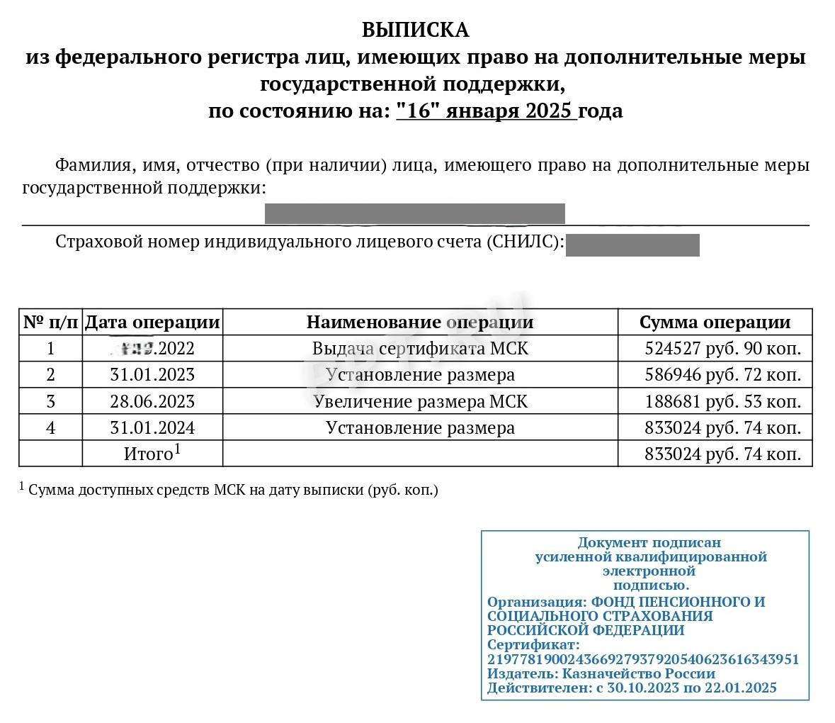 Выписка на маткапитал