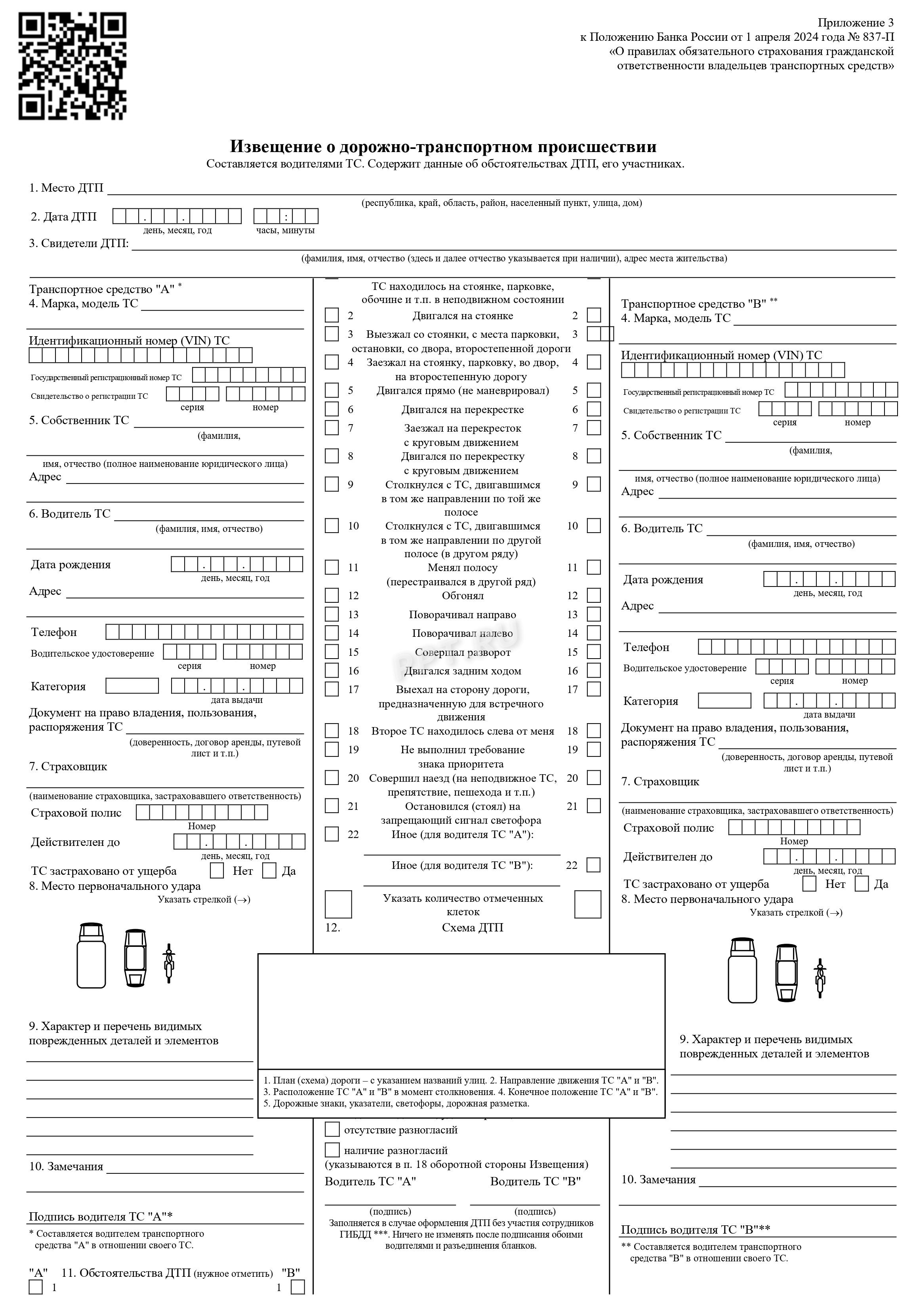Лицевая сторона бланка европротокола