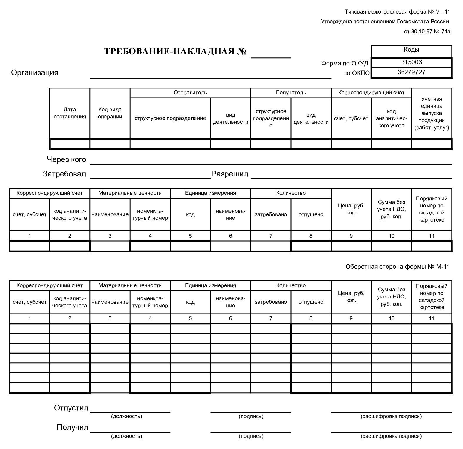 Требование-накладная М-11