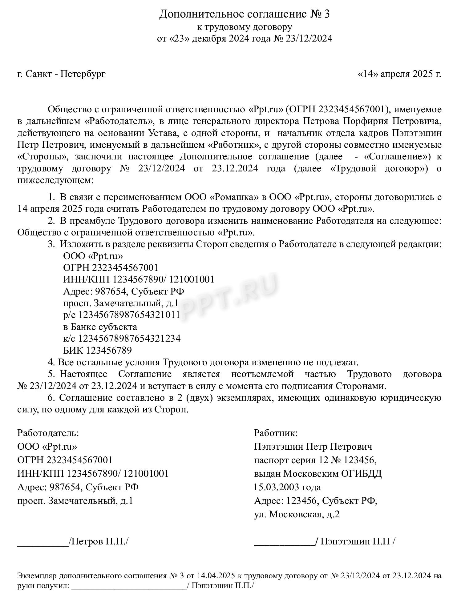 Дополнительное соглашение к трудовому договору о переименовании организации
