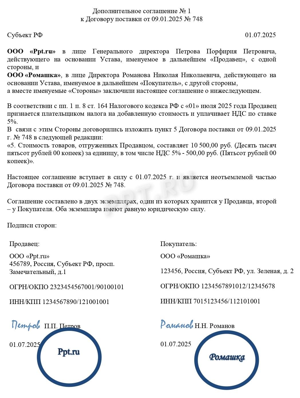 Образец допсоглашения о ставке НДС 5 %