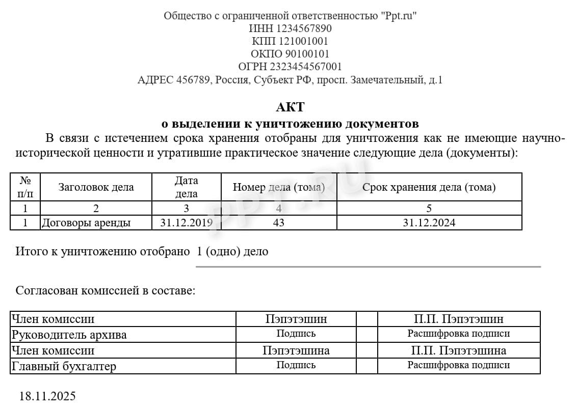 Образец акта о выделении документов к уничтожению Образец акта о выделении документов к уничтожению