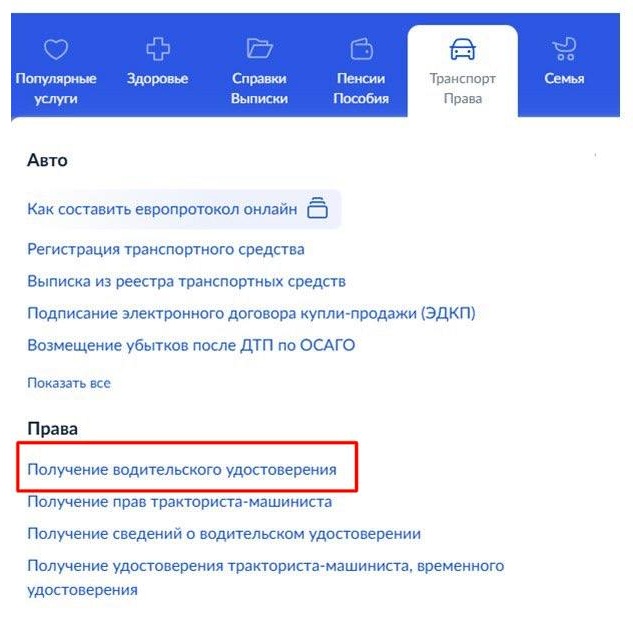 Шаг 1 получения дубликата прав через Госуслуги