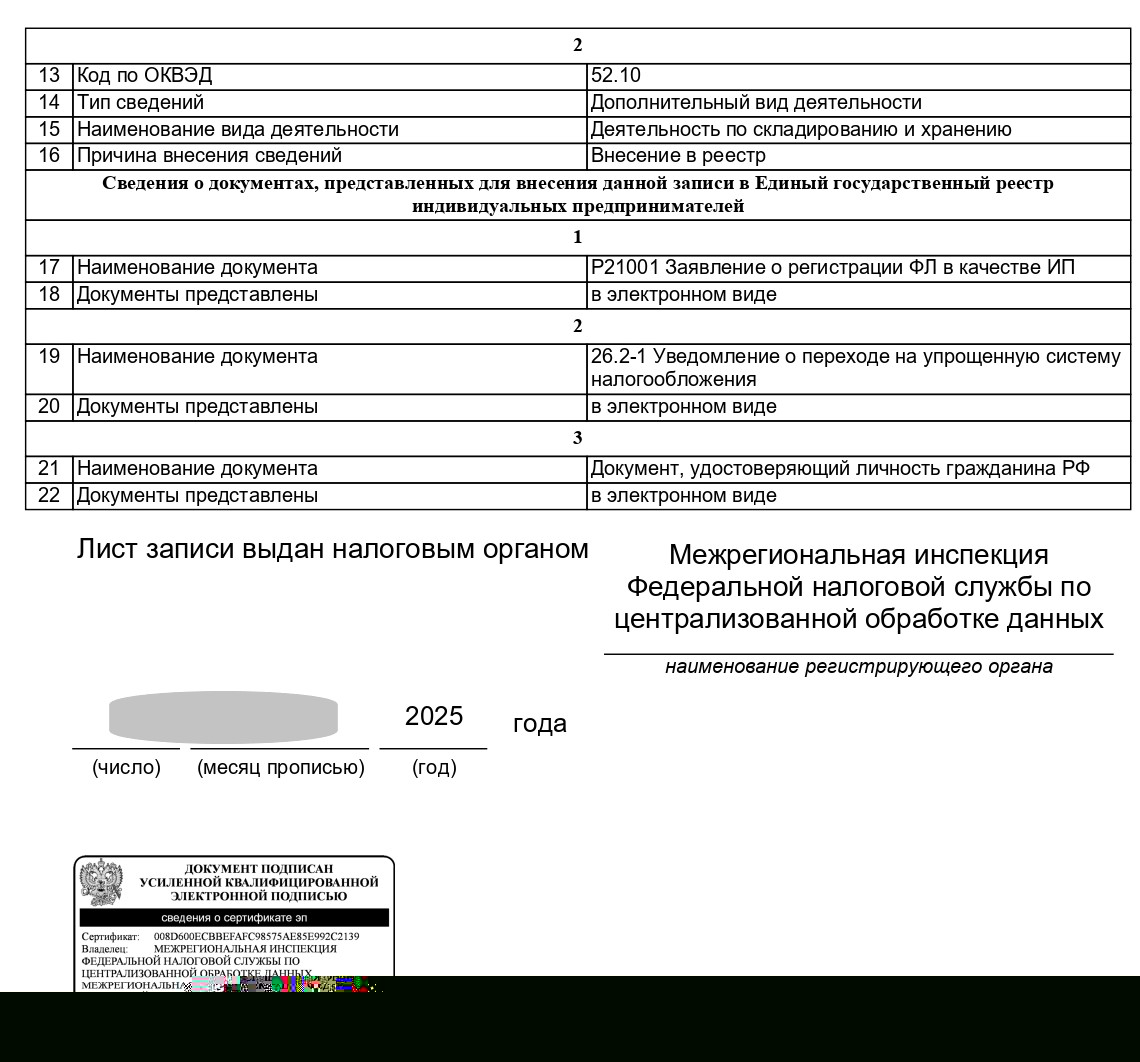 Лист записи ЕГРИП (стр. 2)