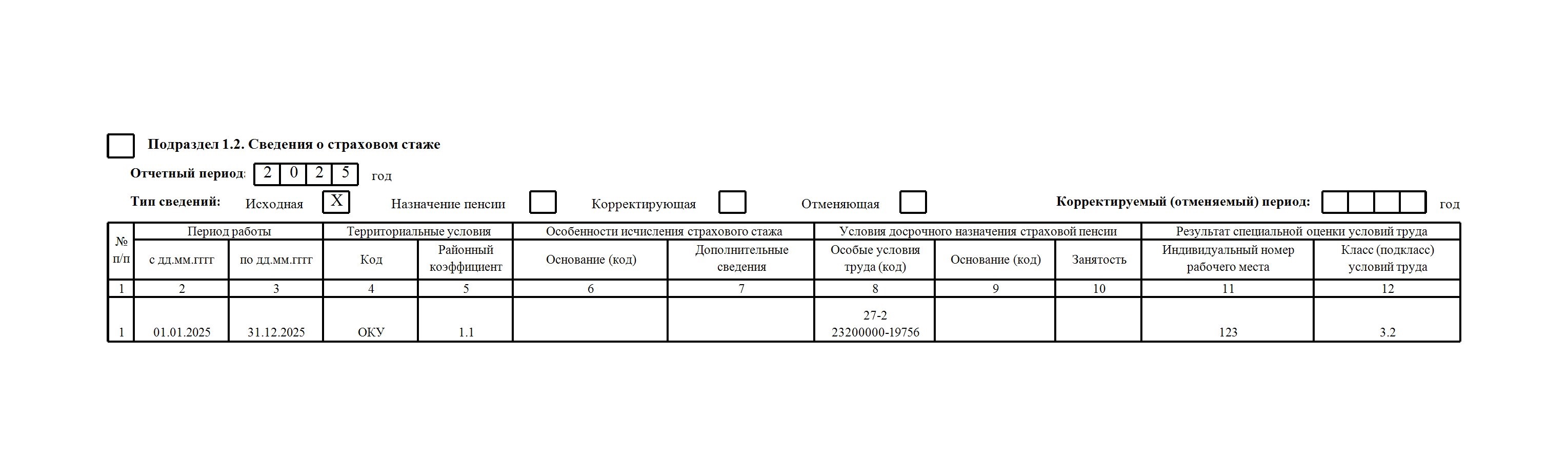 Пример заполнения подраздела 1.2 отчета по перечню льготных профессий
