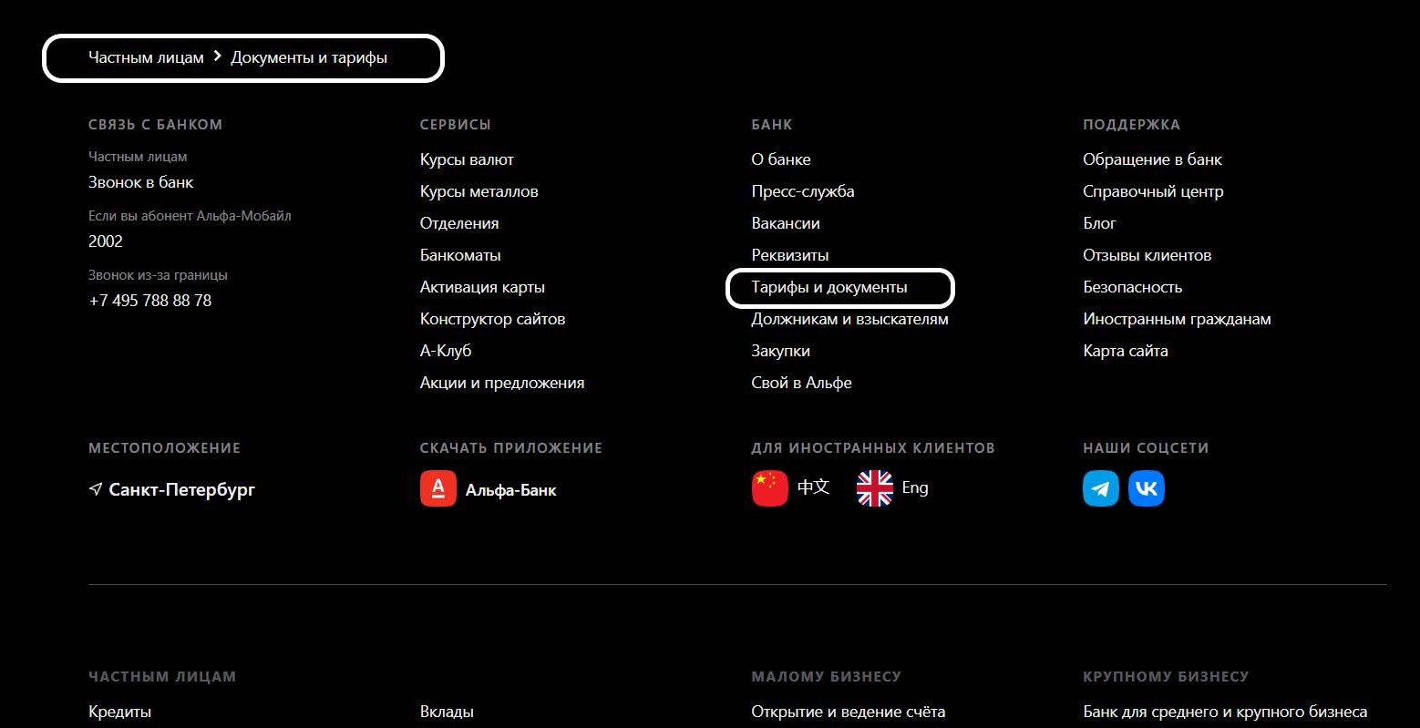 Расположение тарифов банка на сайте