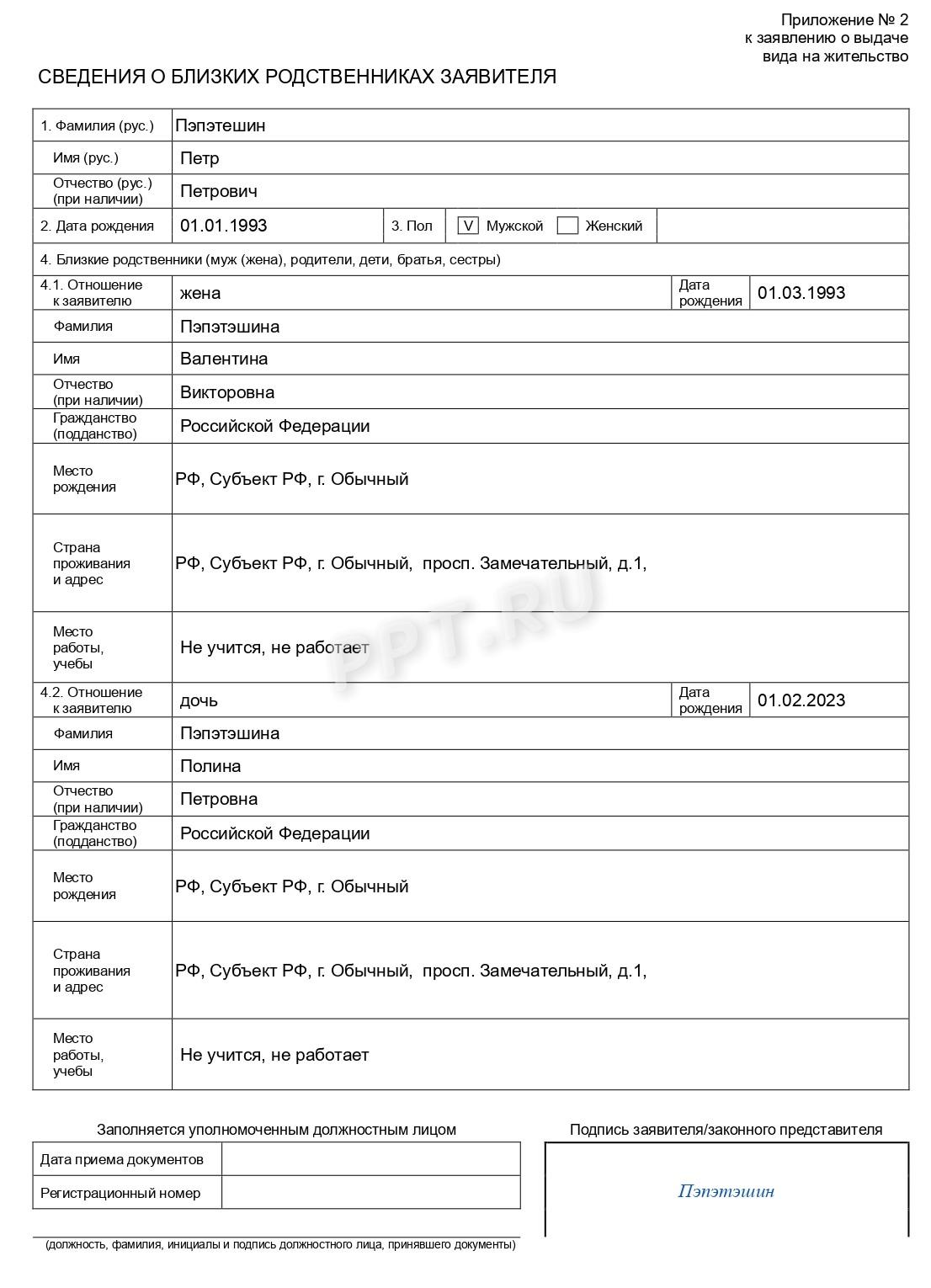 Приложение № 2 к заявлению на ВНЖ
