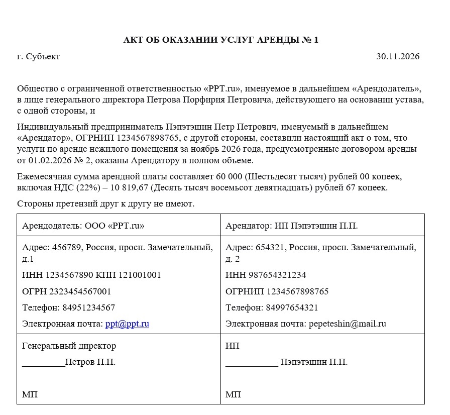 Акт на услуги аренды
