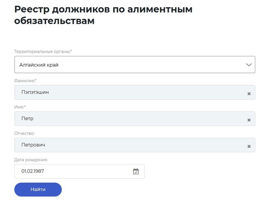 Шаг 2 проверки по реестру злостных неплательщиков алиментов