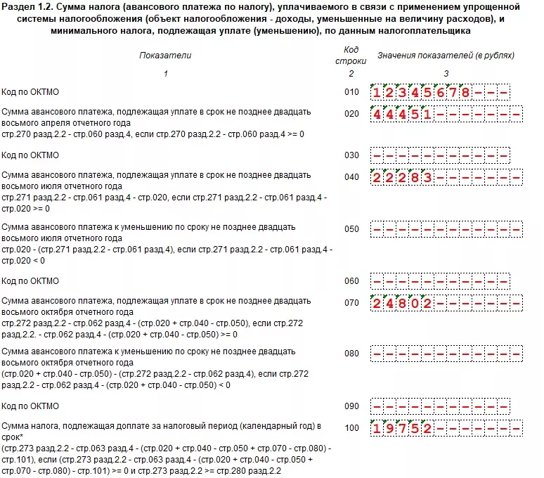 Образец заполнения раздела 1.2 декларации УСН «Доходы минус расходы» для ИП