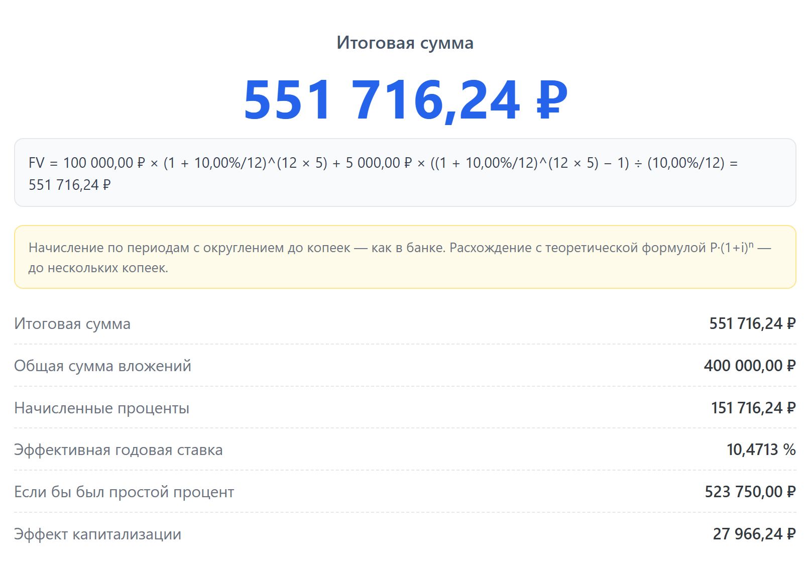 Результат расчета вклада с ежемесячным пополнением