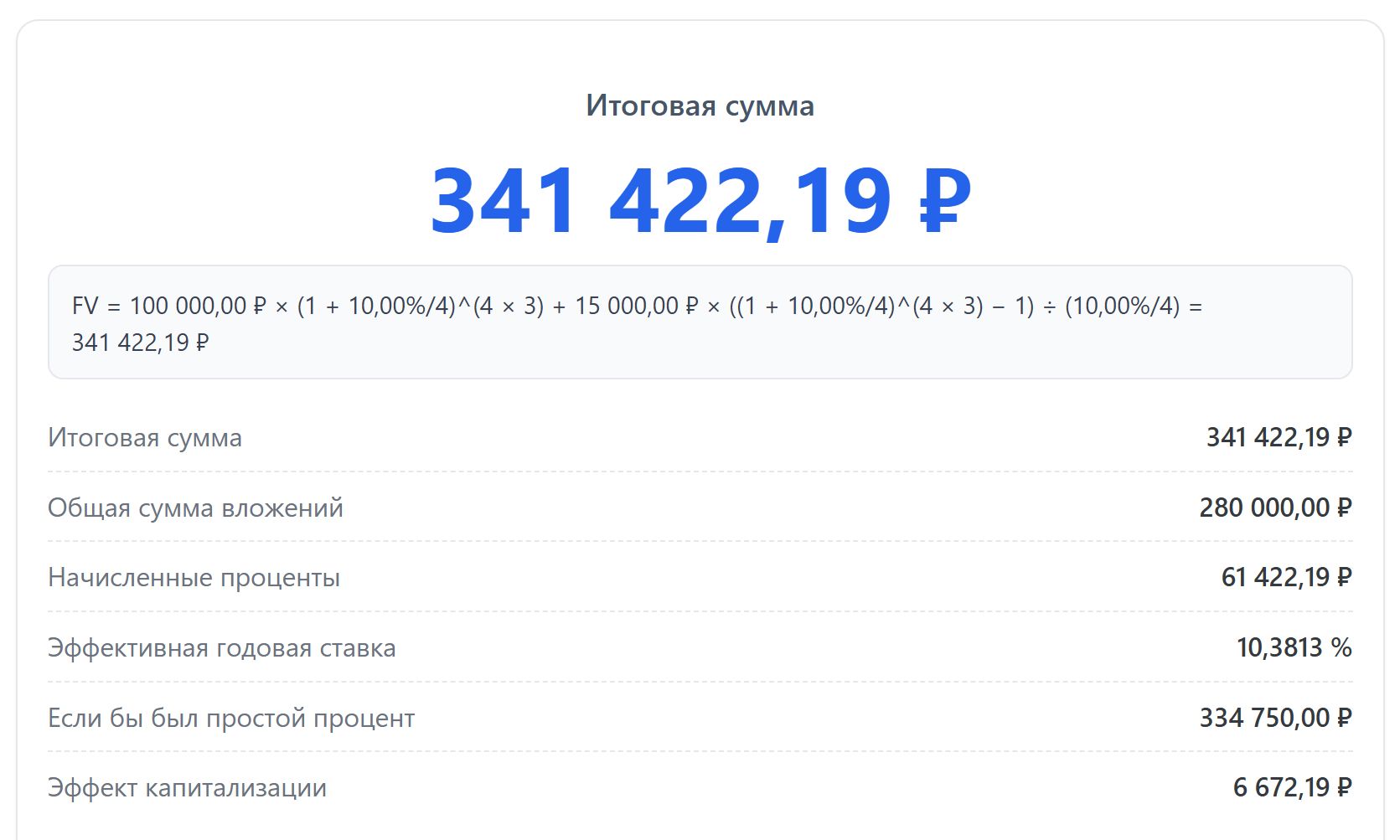 Результат расчета сложного процента с квартальным пополнением вклада