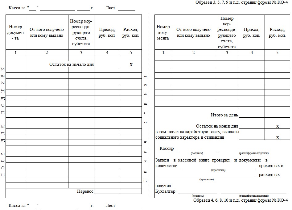 Бланк кассовой книги