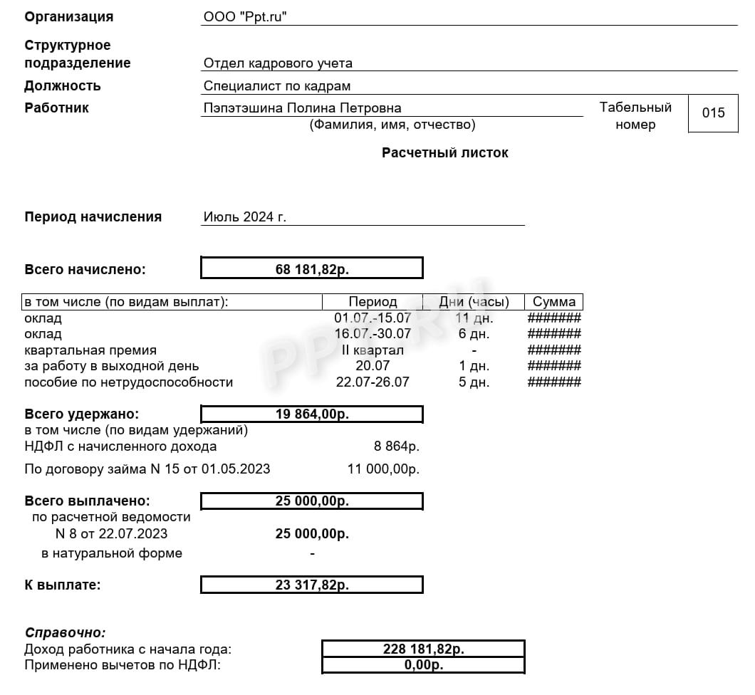 Образец, как составить расчетный листок по зарплате