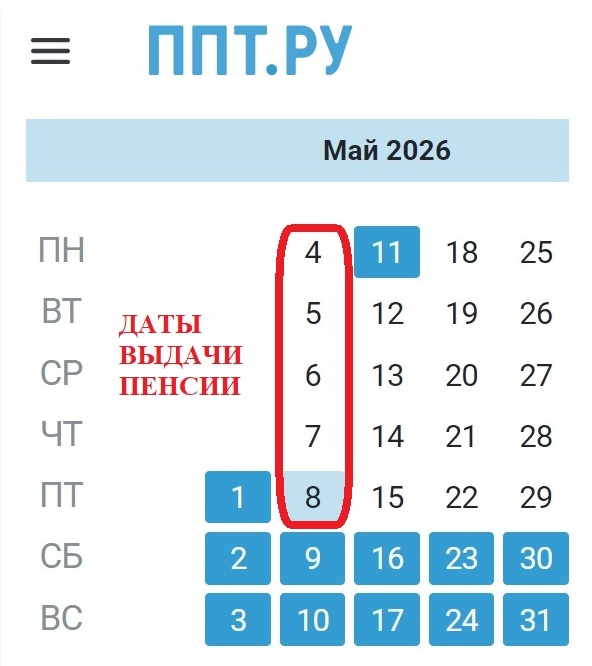 Возможные даты выплаты пенсии
