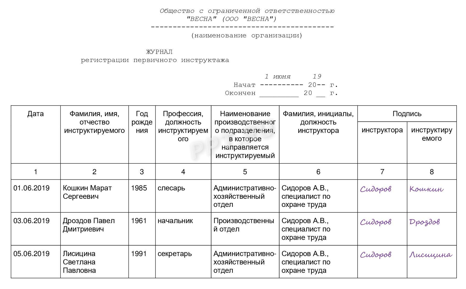 Образец журнала