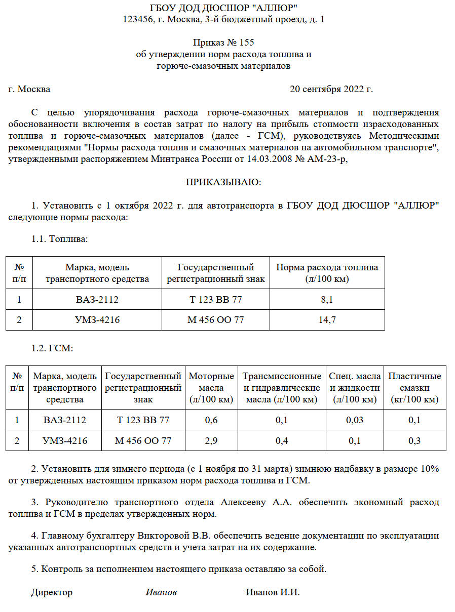 Образец приказа об утверждении норм расхода топлива