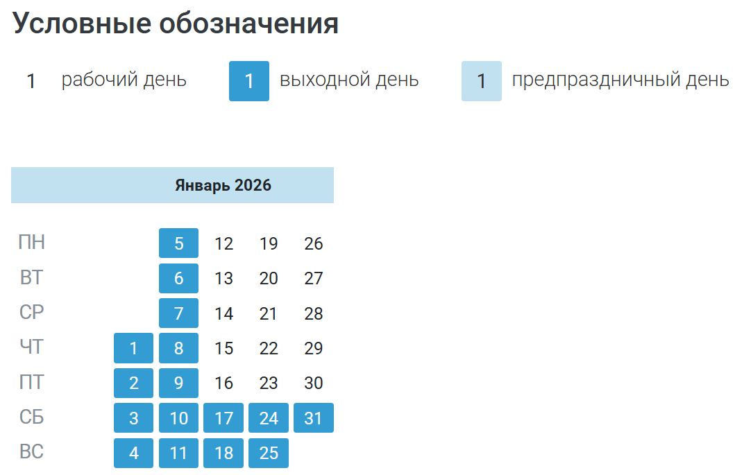 Производственный календарь на январь 2026 года