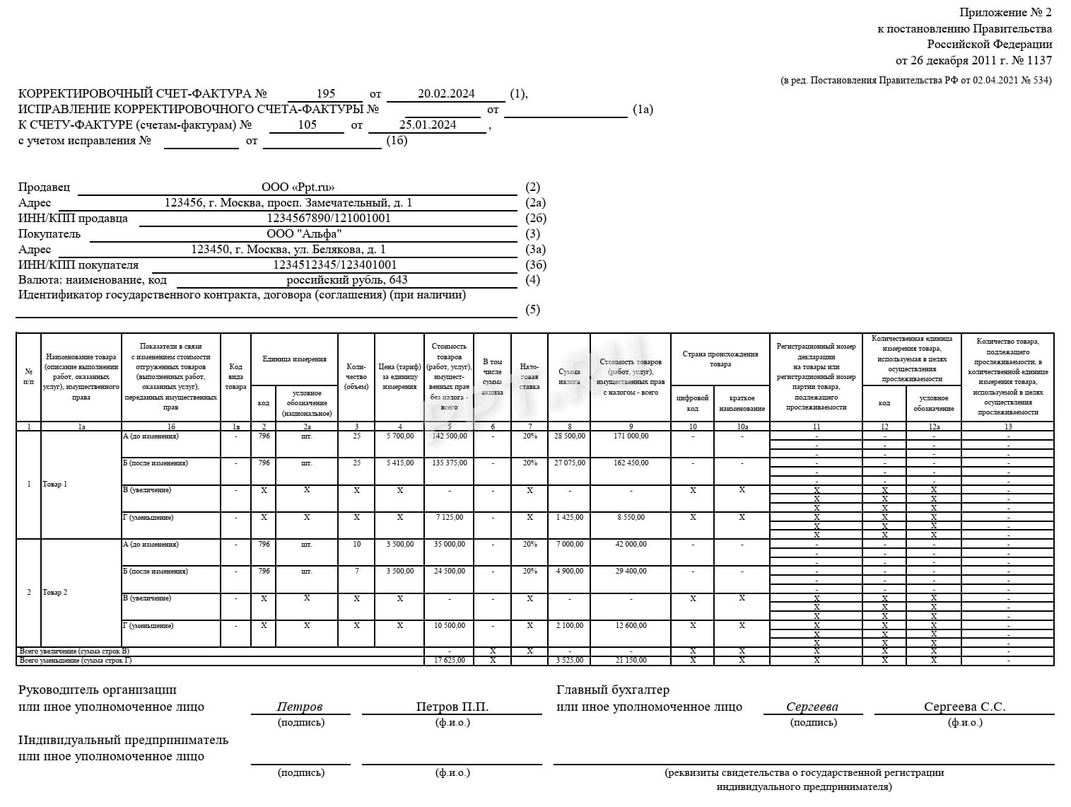 Образец корректировочного счета-фактуры