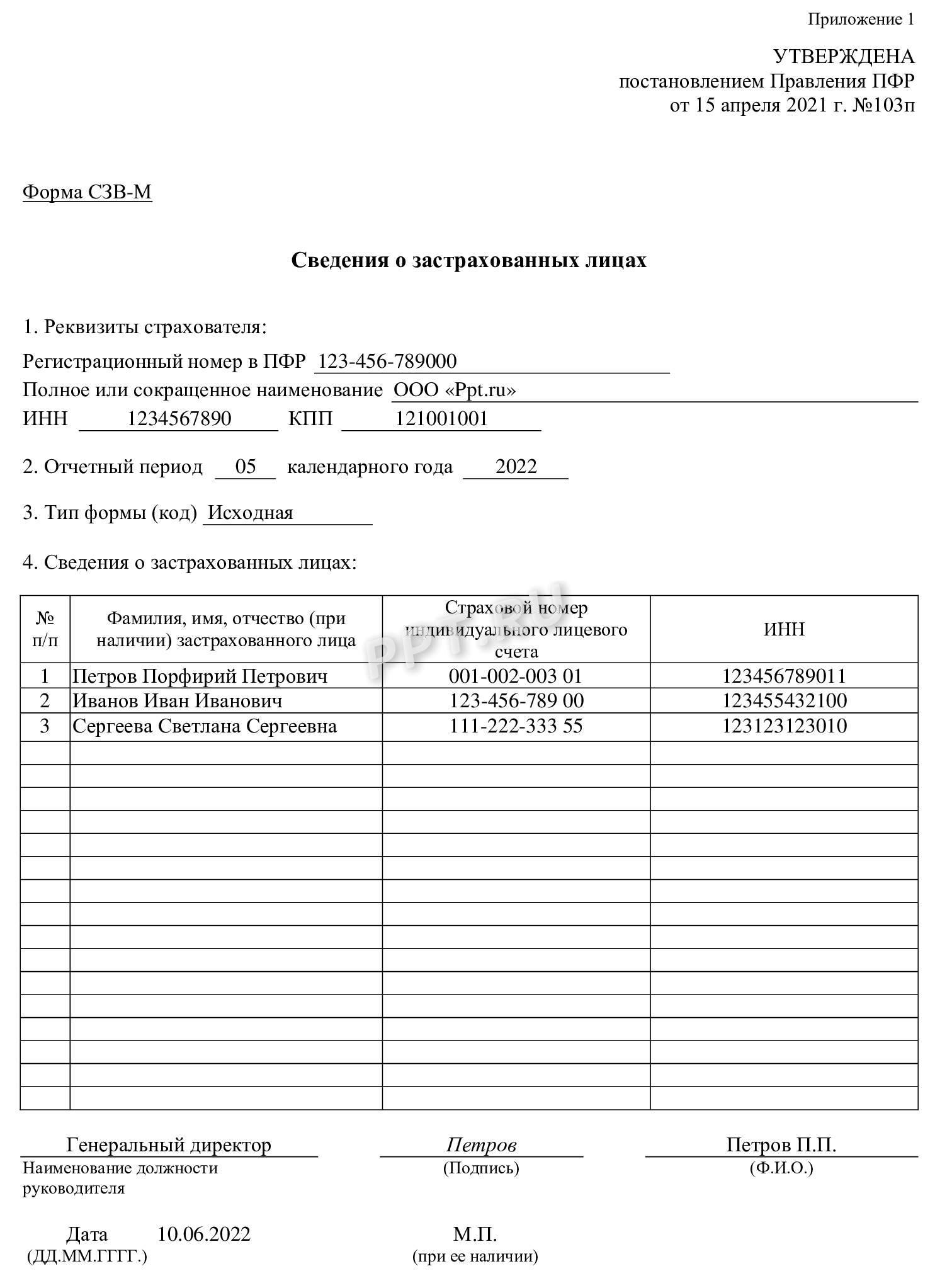 Образец заполненного отчета по форме СЗВ-М