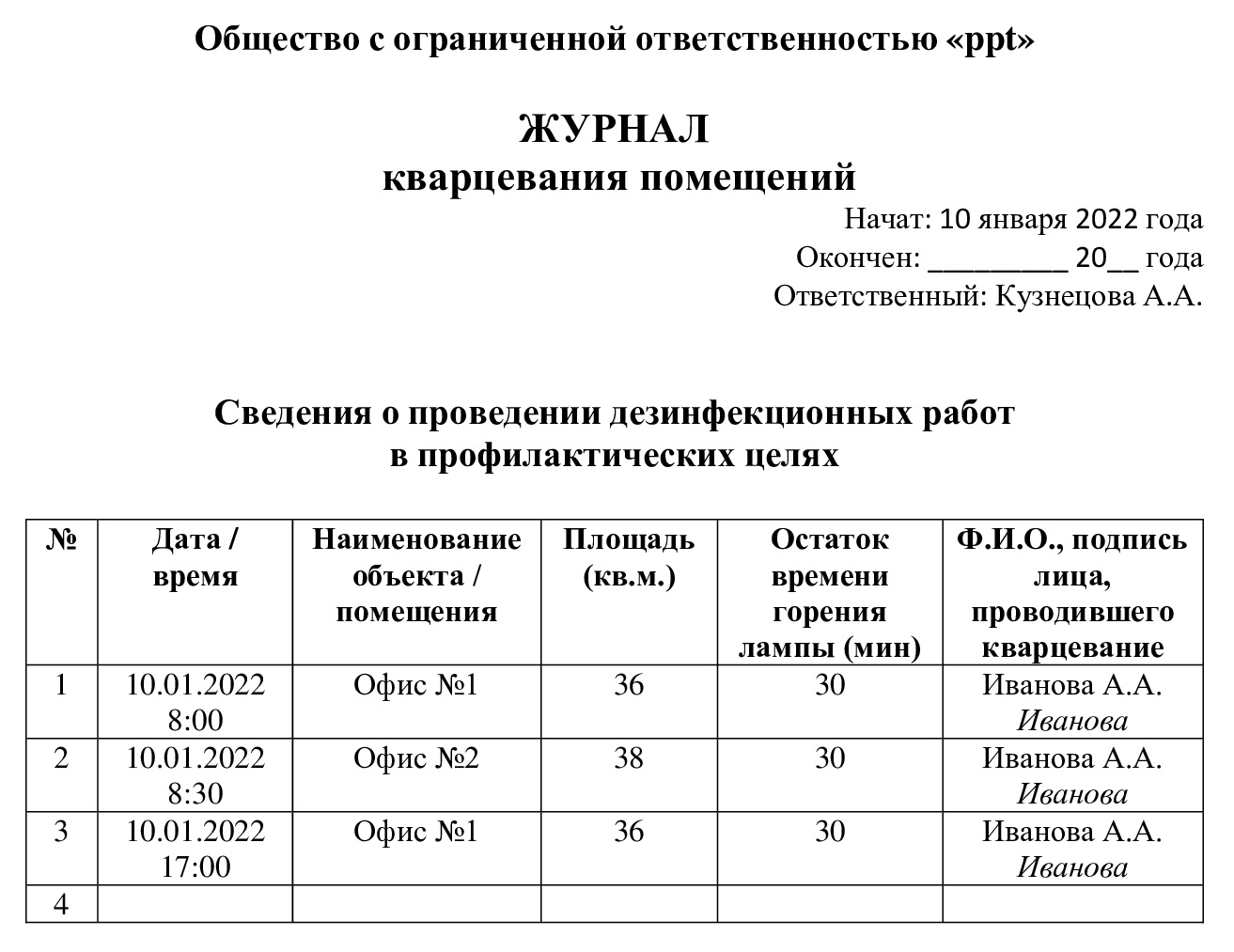 образец журнала кварцевания